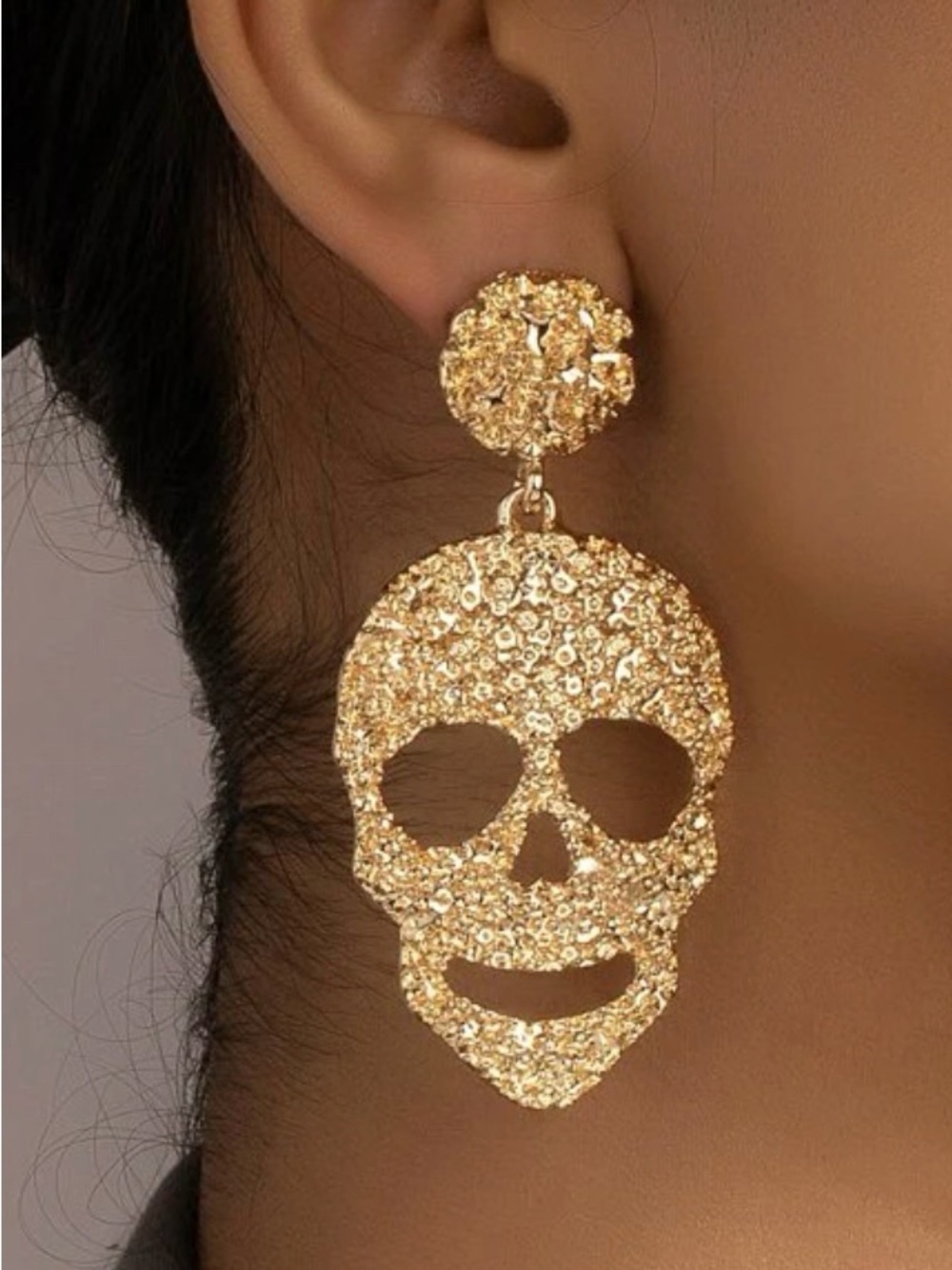 Gold Textured Skull Drop Earrings - Women Jewelry